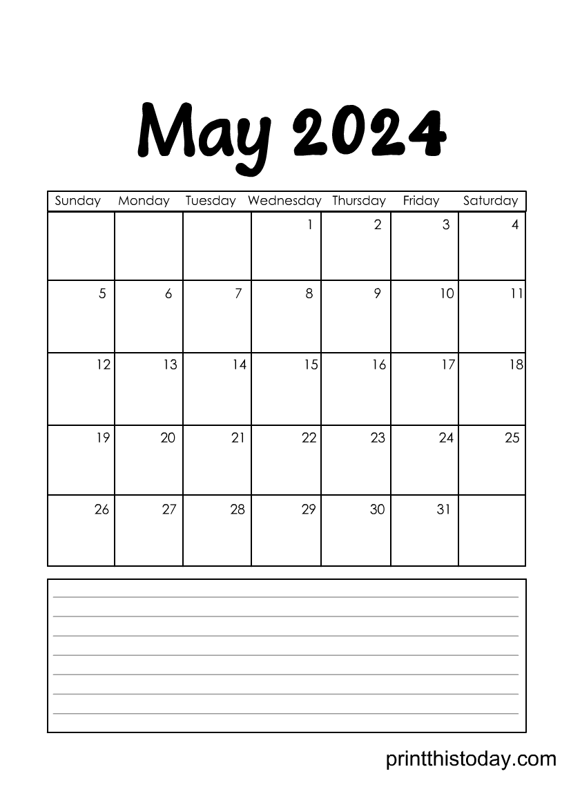Free Printable May 2024 Calendar Page with Writing Space