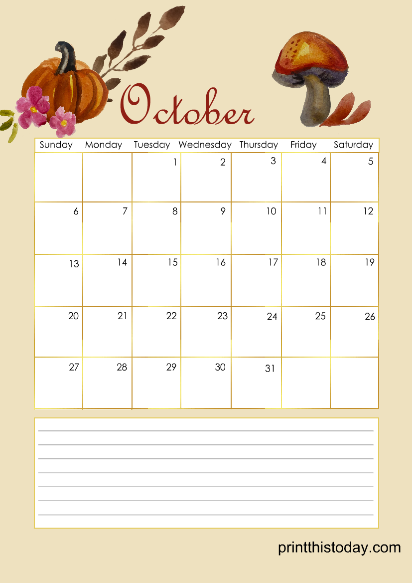 Free Printable Fall-themed October Calendar Page 2