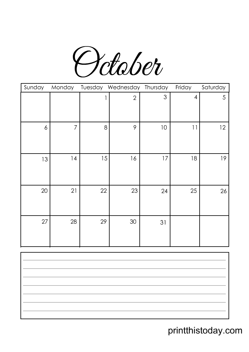 Black and White October Calendar with Lined Writing Space