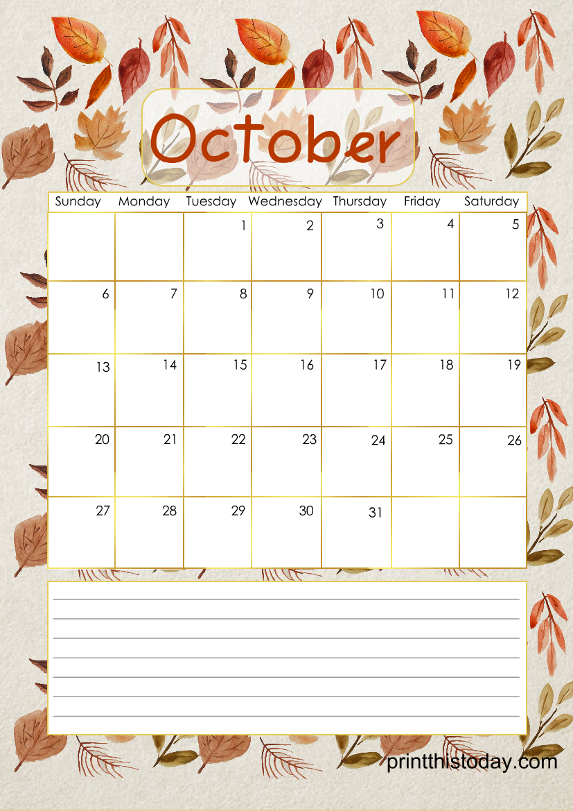 Free Printable Fall-themed October Calendar Page 1
