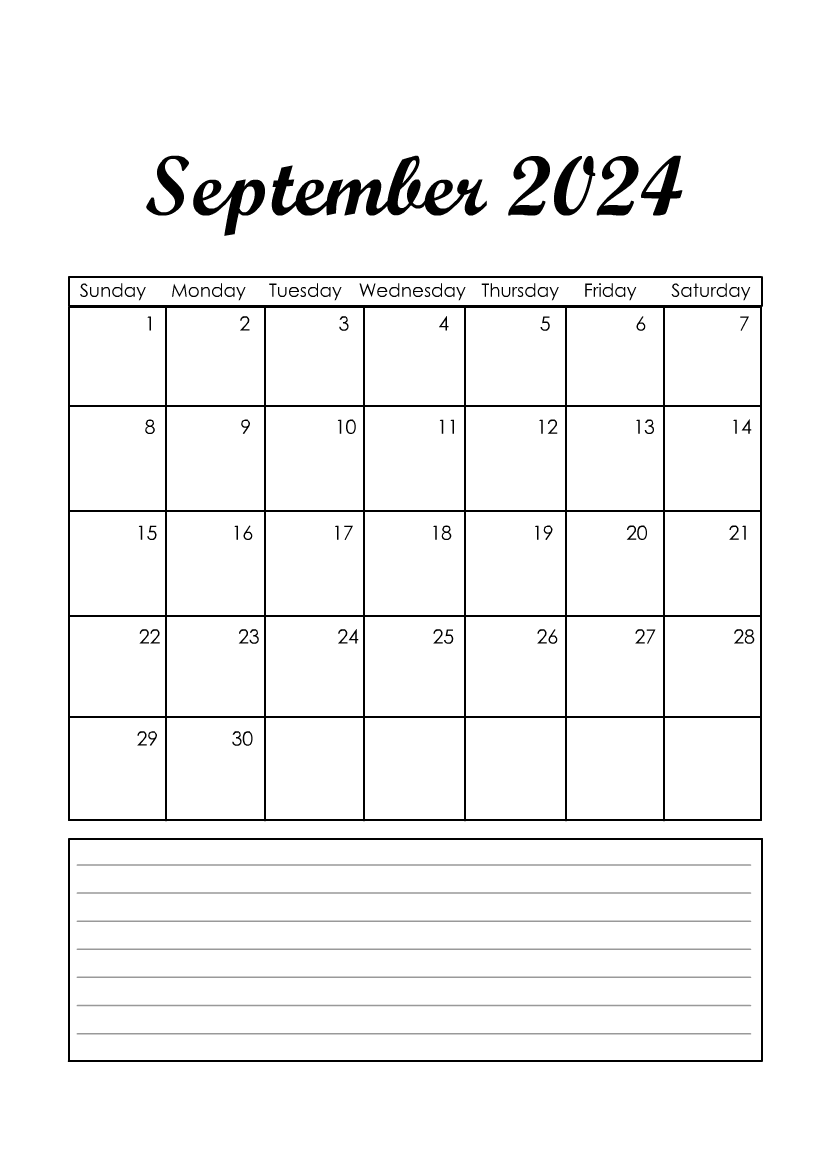 Free Printable Black and White September Calendar Template