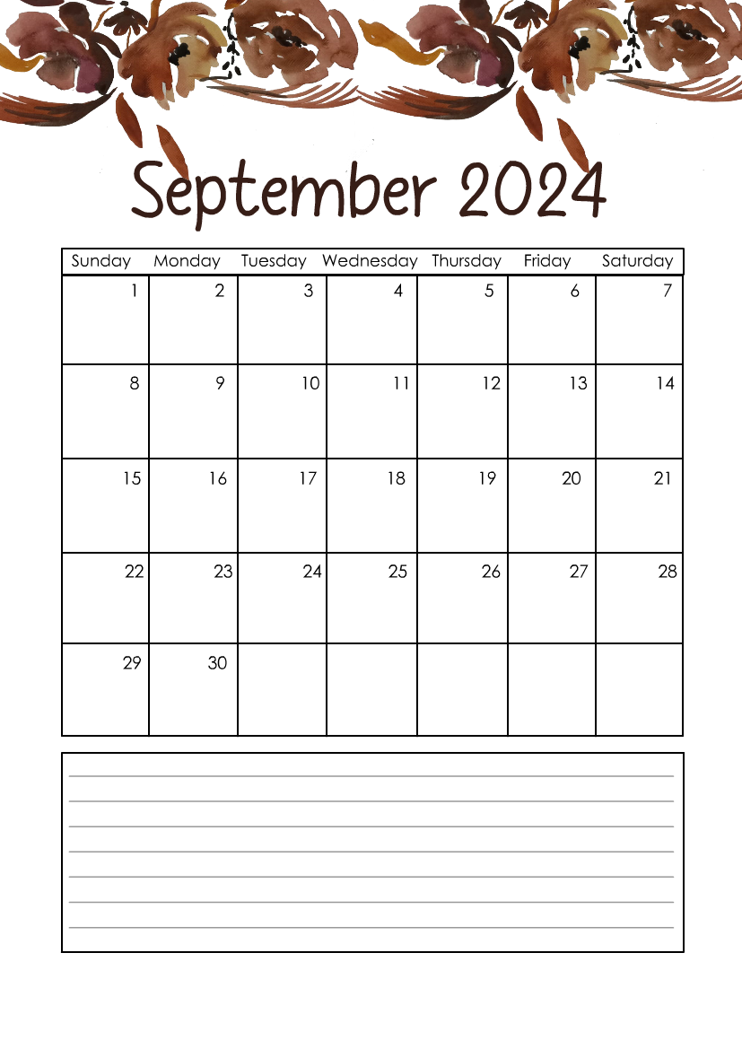 Free Printable September 2024 Floral Calendar Page 2