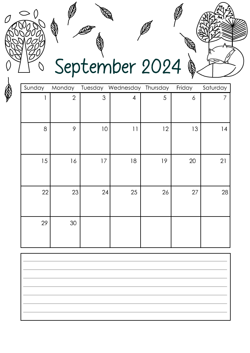 September 2024 Calendar Page to Color