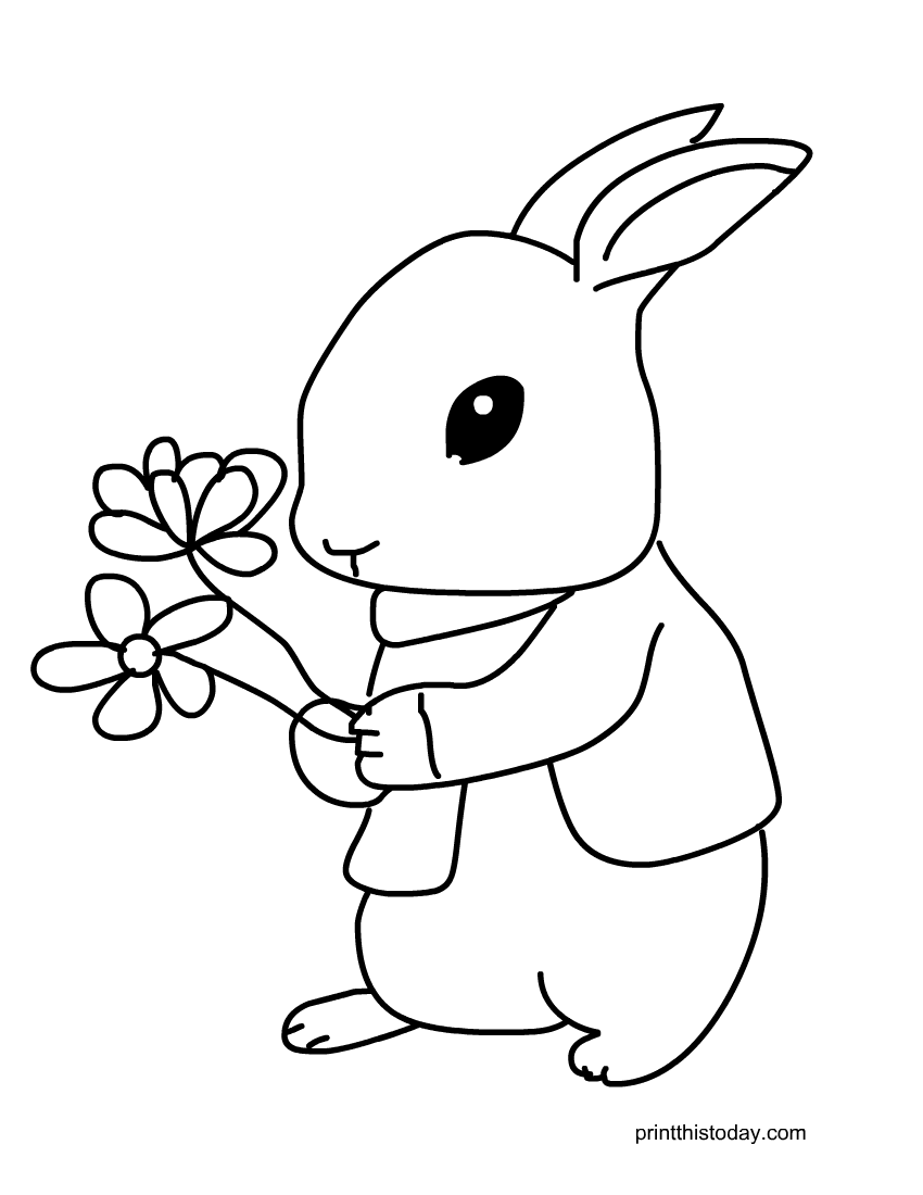 Easter Bunny holding Flowers, Coloring Page